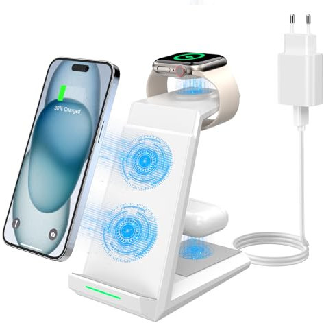 3 in 1 Induktive Ladestation Apple Watch und iPhone, Kabelloses Ladegerät für iPhone 17/16/15/14/13/12/11/Pro Max/Mini,Wireless Charger für Apple Watch 10/9/8/7/6/SE/5/4, AirPods Pro/2/3(mit Adapter)