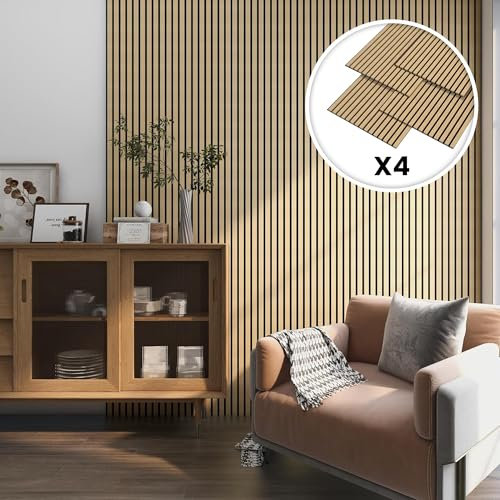 NEU.HOLZ Set de 4x Paneles de Pared 3D Vang Acústicos Revestimiento de Paredes Listones Decorativos en MDF y Fieltro 120 x 60 x 2 cm (2,88 m²) - Roble Claro