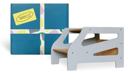 Weco Tritthocker mit 2 Stufen Streifendesign Holzhocker für Kinder Kindertreppchen Schemel Kindermöbel für Bad Küche Kinderzimmer ab 2 Jahre Toilettenhocker Hocker Holz Kinderzimmer Möbel (Grau)