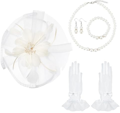 AHANDMAKER Fascinator-Hüte Für Damen, Teeparty, Weißes Damen-Stirnband Mit Spitzenhandschuhen, Perlenkette, Armband Und Ohrringe Für Die Hochzeit, Beerdigung, Party