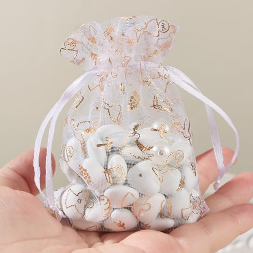 50 Stück Organza Beutel mit Tauben Bibeln Engeln Mustern Gastgeschenke Organzasäckchen für Kommunion Konfirmation Taufe Party Geschenk Geburtstag Gäste Geburt Deko Kommuniongeschenke