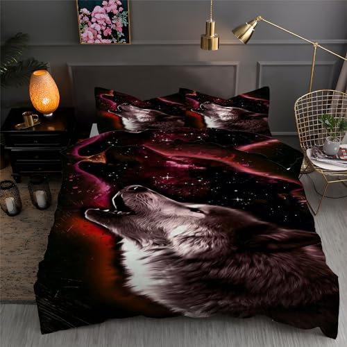 Bettwäsche 200x200 Wolf Sternenhimmel 3D Druck Bettbezüge und 2 Kissenbezug 50 x 75 Kuschelig Atmungsaktive Bettwäsche Set 3 Teilig mit Reißverschluss