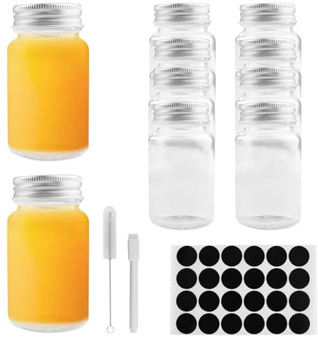 Gebiuhoo Botellas de vidrio vacías 80 ml 10 unidades Mini botella para beber con tapa Pequeña botella de vidrio transparente reutilizable Pequeña botella para zumo, portátil boca ancha