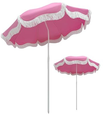 ELZEM 180cm Gartenschirm Mit Quasten Rosa Strandschirm Uv Schutz Sonnenschirm Strand Neigbar Balkonschirm Mit 8 Rippen Tischschirm Höhenverstellbar Für Garten Terrasse Pool Balkon/Tragetasche