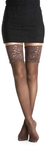 Gi&Gi Halterlose Strümpfe für Damen, Oberschenkelhohe Strümpfe mit Spitzenband, 20 Den, Weiß, Schwarz, Rot (DE/NL/SE/PL, Alphanumerisch, L, XL, Regular, Regular, BRAUN)