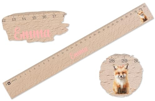 Holz Lineal 30cm - Fuchs - Kinder Holzlineal mit Fuchsmotiv | Personalisiert mit Namen | 30 Holzlineal mit Fuchs-Design - 30 cm - Holz - 30 cm