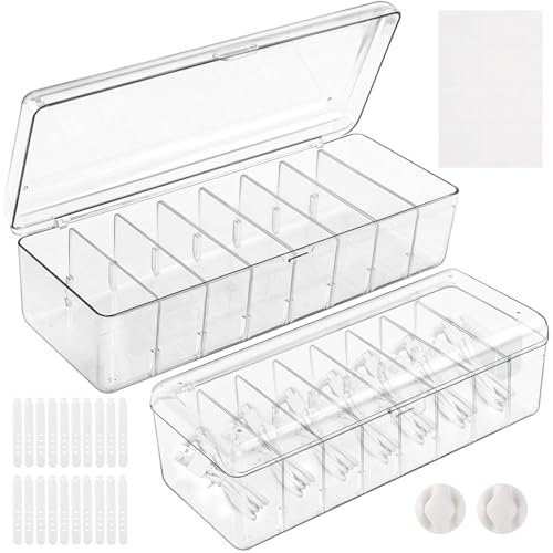 Arvok 2 Piezas Organizador de Cables con Tapa, Caja de Gestión de Cables con 8 Compartimentos Ajustables, Caja de Plástico para Almacenamiento de Escritorio, Guardar y Clasificar Cable de Carga