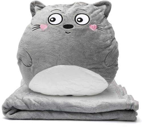 Yuragim 2 in 1 Kissen Decke, 140x170 cm Reisedecke und 30x50 cm Kissen mit Katzenmotiv, Nickerchen Plüsch Dekokissen Kuscheldecke Sofa Rückenlehne Kissen Süßes Weihnachten Geschenk für Kinder, Freunde