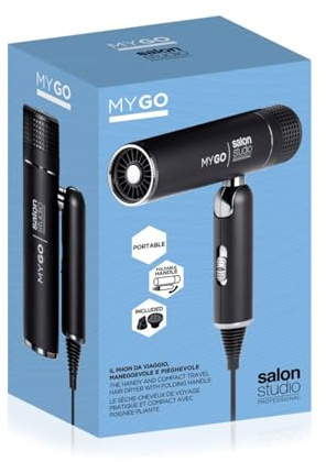 Salon Studio Professional MyGo Phon da Viaggio | Pieghevole con Diffusore e Concentratore per Capelli Ordinati anche in Vacanza, 2 Livelli di Temperatura e Velocità, 1400 W