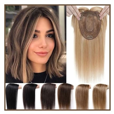 Haar-Topper Haarteile Haar-Topper mit Pony for Frauen, atmungsaktive Seiden-Top-Basis, Clip-in-Echthaar-Teil, gerades brasilianisches Remy-Haar-Topper mit Pony Haartopper für Frauen(Bleach Blonde,14in