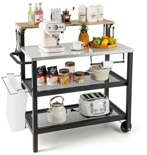 COSTWAY Desserte Extérieure à roulettes avec Table Rabattable, Chariot Service de Cuisine à 3 Étagères avec Crochets Porte-Serviettes Support de Sac Poubelle, pour Cuisine Jardin Terrasse