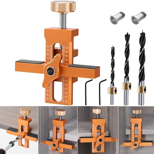 Cabinet Door Installation Jig, 2-in-1 Mounting Tool, Orange | with Adjustable Positioner, Aluminium Alloy Versatile Cabinet Door Positioning Tool for Most Cabinet Doors with 3 Drill Bits