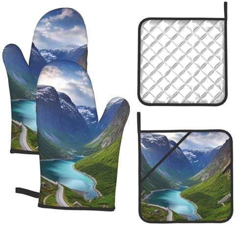 Norwegian Fjords Oven Mitts and Pot Holders 4-Piece Set, Extended Kitchen Gloves and Pan Racks, Heat Resistant Oven Gloves Hot Pads Non-Slip Cooking Gloves Potholders Gifts for Women