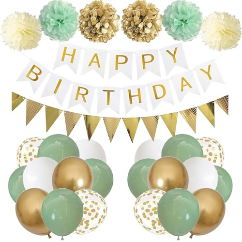 Geburtstag Dekoration Weiß Gold, Mann Frauen Geburtstagsdeko, Happy Birthday Banner, Grün Gold Luftballons DIY Party Papier Pompoms für Jungen Mädchen Geburtstag Deko Party Supplies