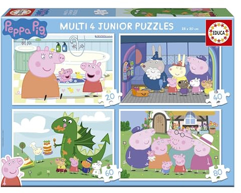 Educa - Peppa Pig | Set mit 4 progressiven Kinderpuzzles von 20 bis 80 Teilen. Ungefähre Maße im zusammengebauten Zustand: 28 x 20 cm. Tolle Stücke perfekt verarbeitet. +4 Jahre (20329)