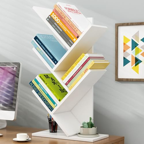 4 Tier Tree Bookshelf, 4 Tier Wooden Bookcase Shelving Display Storage Unit Wood Shelves, Floor Standing Book Shelf, Small Bookcase for Books/Movies/CDs, Home Office Living Room Furniture, White