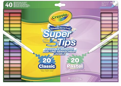 CRAYOLA SuperTips Juego de 40 rotuladores lavables – Colores clásicos y pastel | Rotuladores de alta calidad que pueden lavar fácilmente la piel y la ropa | Para niños a partir de 3 años