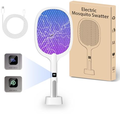 Racchetta Zanzare Elettrica, 2 in 1 4000V USB Ricaricabile Mosquito Killer & Elettrico Swatter Zapper con Base di Ricarica per Casa Giardino Campeggio（Display digitale）