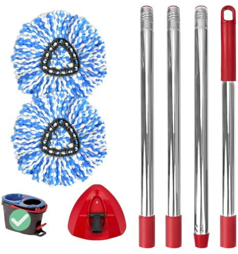 Spin Mop - Set di ricambio per sistema O-Cedar RinseClean a 2 serbatoi, include 2 testine di ricambio, 1 manico per mocio (asta regolabile a 4 sezioni da 76,2 a 147,3 cm), 1 base per mocio rotante