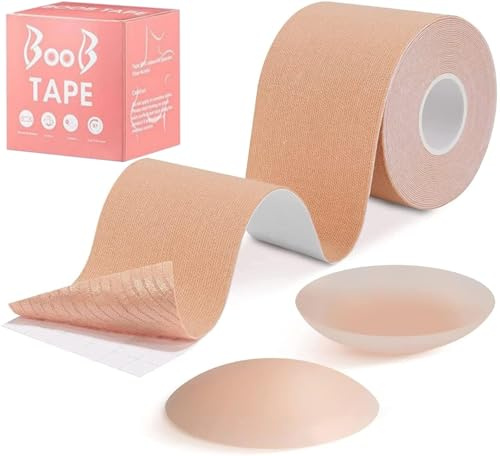 Heyumybit Ruban de Poitrine,Rubans pour Seins avec 2 Couvre-Mamelons Réutilisables Soutien-Gorge Invisible,Rubans Auto-adhésifs sans Bretelles pour Femmes Gros Seins Tasse A-G(5cm * 5m)