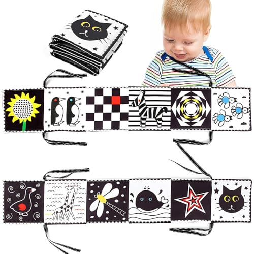 LACHT Livre Tissu bébé 0-3-6-12 Mois,Livre Noir et Blanc Bébé Montessori,Livre de Haute Contraste en Tissu Sensoriel Bébé Naissance,Jouet eveil Bebe 0-3-6 Mois,Cadeau Parfait pour Bébé