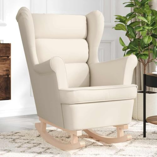 Qnhdfrt Creme Schaukelsessel 74x90x102 cm aus Polyester & Gummibaumholz, Bequemer Loungesessel mit Sanfter Schaukelbewegung Modernes Design für Wohnzimmer Schlafzimmer Büro Balkon