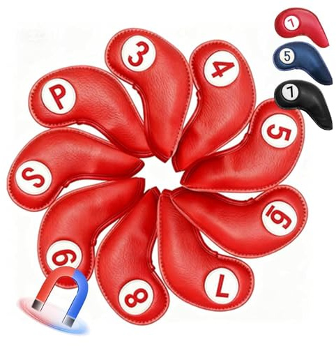 Copritesta in Ferro da Golf 9 pcs, Chiusura magnetica, Copriferri per Mazze da Golf, Con il numero del club Numero Del Club (3-9, P, S),red