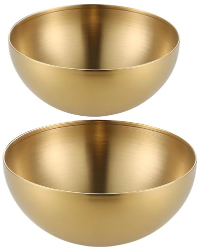 Packool Ensaladeras de acero inoxidable (15 cm y 20 cm), cuencos de metal para servir en 2 tamaños, cuencos redondos grandes con superficie arenada para frutas y pasta fría, 2 cuencos dorados para