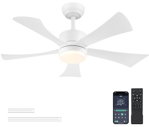 105 cm Deckenventilator mit Licht, Moderner Weißer Deckenventilator mit App-Fernbedienung, DC-Motor (leise), 3CCT dimmbare Beleuchtung mit Memoryfunktion, LED Deckenventilator für Schlafzimmer