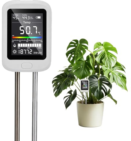 6-in-1 PH Messgerät, Bodenanalysator mit Farbdisplay & Doppelsonde – Präzisionsmessgerät für Feuchtigkeit, pH, Temperatur, Fruchtbarkeit, Licht & Luftfeuchte, Feuchtigkeitsmesser für Garten und Rasen