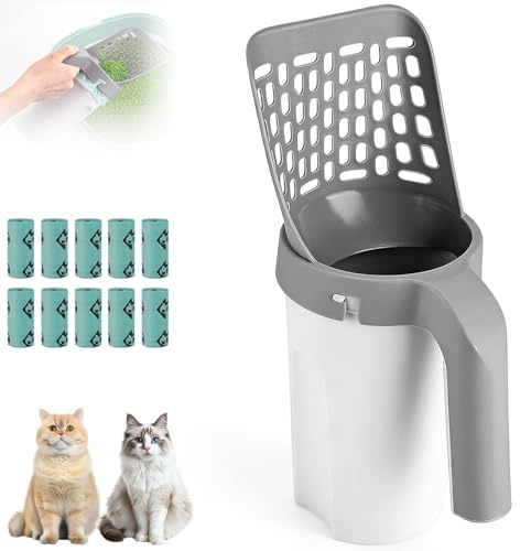 Kattsandskyffel med hållare och påsar, stor kapacitet skräpsked, bärbar integrerad kattsandspade, avtagbar avfallsdispenser, katttillbehör för avföring av husdjur (grå)