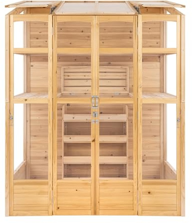 Invernadero de Madera para Jardín 154x70x198 cm Estilo Victoriano con Ventanas Automáticas, Puertas Dobles y Estantes Plegables, Mini Invernadero Exterior Decorativo para Plantas – Natural