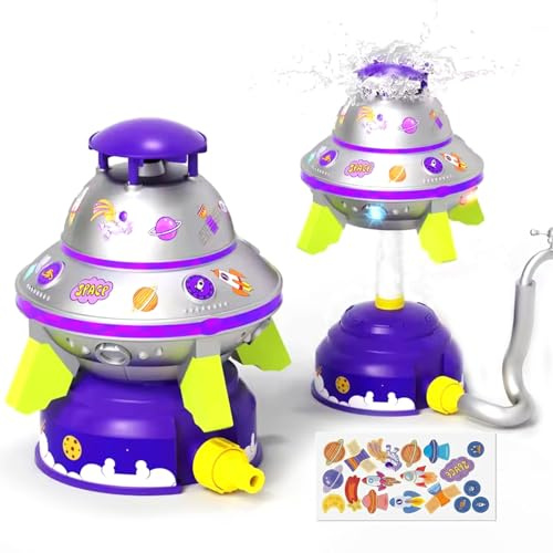 UFO Water Sprinkler for Kids, Raketen Wassersprinkler Kinder mit LED-Licht & 360°-Drehung, Rocket Wasserspielzeug mit Einstellbarer Höhe & DIY Aufkleber Geschenk für Jungen und Mädchen (Lila)