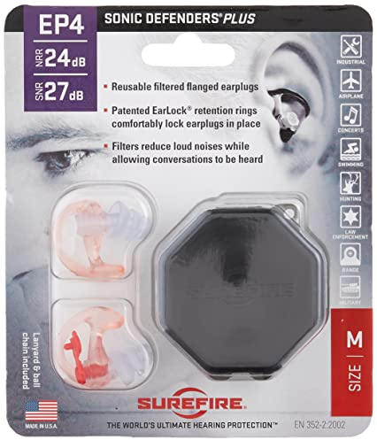 SureFire EP4 Sonic Defenders Plus filtered Earplugs, triple flanged design, reusable, Clear, Medium