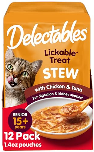 Delectables Lickable Treat Stew Senior 15+ Wet Cat Treat with Real Chicken & Tuna, Food Topper, Hydrating, Grain-Free, No Fillers, No By-Products, No Added Preservatives, 1.4oz Pouch, 12ct