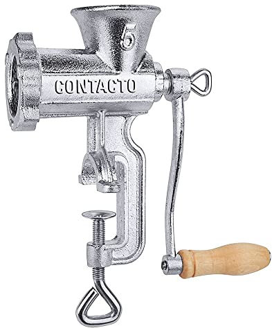 Contacto Fleischwolf Größe 5, Eisenguss, 24,5 x 5 cm, Spritzgebäck-Vorsatz, Tischmontage bis 3,5 cm, 4-flügliges Messer, 4,5mm Lochung, zerlegbar