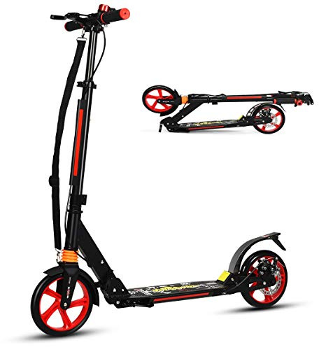 COSTWAY Folding Kick Scooter, 3 Heights Adjustable City Scooters with Big Wheels, Anti-Shocking Suspension and Carrying Strap, Lightweight Street Scooter for Kids, Teens and Adults