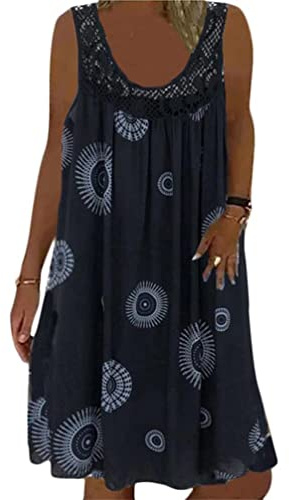 Minetom Sommerkleid Damen Rundhals Spitze Druck Strandkleid A-Linie Kleid Knielang Tunika Kleider Ärmellos T-Shirt Kleid A Schwarz 3XL