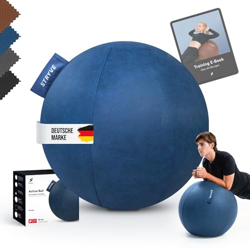 STRYVE Sitzball Büro 65,70cm - Ergonomischer Gymnastikball mit waschbarem Bezug und Wegrollschutz, inkl. Luftpumpe - Belastbar bis 150kg - Als Bürostuhl, Hocker (Royal Blue Kunstleder, 70)