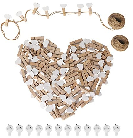 100 Stück Herz Wäscheklammer, BOZILY Mini Holz Wäscheklammern mit 20 Meter Juteschnur und 12 Spurlosen Nägeln, Holzklammern für Fotos DIY Fotowand und Hochzeit Party Dekoration (Weiß)