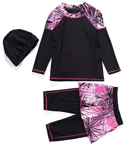 Burkini Mädchen Kinder Muslim Badeanzug Full Cover Schwimmanzug Muslimische Tankini Islamisch Arabisch Jilbab Langarm Schwimmoberteile+Shorts Badehose+Hijab 3tlg Modest Bademode Rosa 11-12 Jahre