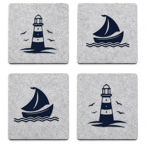 Filz Glasuntersetzer Maritim Meer Filzuntersetzer Tischuntersetzer Untersetzer 4er Set (2X Segelboot / 2X Leuchtturm)