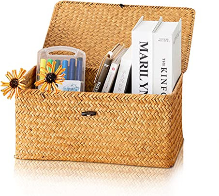 Cesto di Stoccaggio di Alghe Naturali,Cesti di Vimini con Coperchi, Cestini Cestini Rettangolari Intrecciati con Coperchi, Cesto Rattan Intrecciato Fatto a Manograss Cesta Vimini con Coperchio (