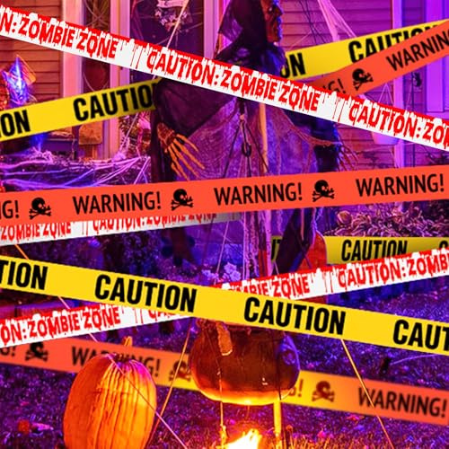 Halloween Deko Outdoor Gruselig Garten Dekorationen, Horror Absperrband | 30M Zombie Flatterband Gelb,Gefahren Warnband, Schrägband Bündel für Garten Zombie Party Gefahr Gefahrenbereiche