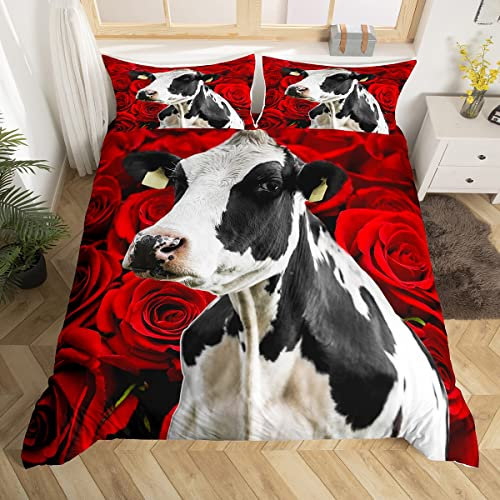 Funda de edredón de vaca lechera, funda de edredón de rosa roja para niños, niñas, mujeres, adultos, hombres, flores románicas, juego de cama de jardín floral, tamaño King, decoración de dormitorio de