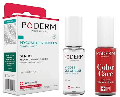 PODERM - LOT 2 PRODUITS, MYCOSE ONGLE TRAITEMENT, Soin professionnel pied/main, Facile & rapide, Swiss Made + Vernis Rouge Puissant TEA TREE - Traitement des Ongles Abîmés par MYCOSE