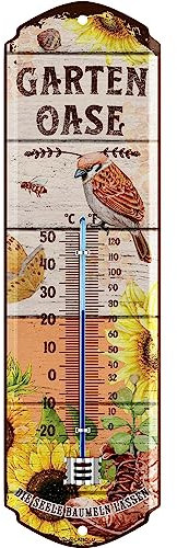 LANOLU Retro Blechschild GARTEN OASE THERMOMETER Schild - Blechschilder Garten mit Sprüchen - Gärtner Geschenke - retro Deko vintage Metallschild Garten 8x28cm