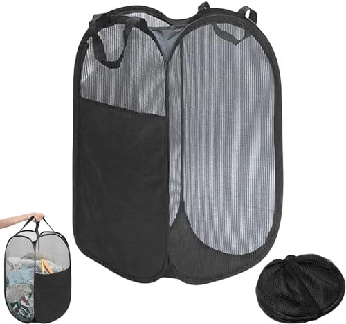 Tyrzol Large Washing Basket Collapsible Mesh Collapsible Washing Basket Pop up Laundry Hamper Basket with Side Pocket Laundry Hampers Mesh Laundry Baskets with Handles for Bathroom College Dorm Black