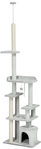 PawHut Kratzbaum, Katzenbaum Deckenhoch, Katzenkratzbaum, 225-255 cm, Kletterbaum mit Spielball, Katzenhöhle, Katzentreppe, Katzenmöbel, Hellgrau