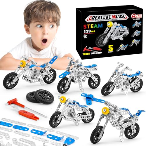 BESTYMXY Building Kit Model Motorcycle Set, 5 in 1 Metal Motorbike STEM Project Building Toys for Kids Ages 8-12, DIY Assembly Metal Motorcycle Toys Model Gift